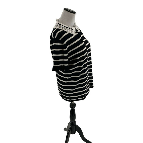 Karl Lagerfeld Top Womens Medium Striped Sweater Lace Neck Ruffle Sleeve Keyhole - Picture 4 of 12